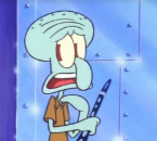 An image of Squidward from the SpongeBob episode SB-129. He is holding his clarinet and looks worried.