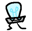 A smug essential polymerizationizer. They have a disc-like shape, with a translucent blue lightblub sticking out from their head. They have two legs and that's it. Okay, you can go home now.