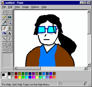 ms paint drawing of a women with a large ponytail, eyebags, glasses, and a neutral expression.
