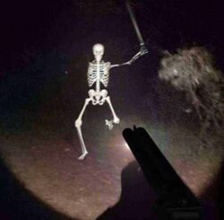 A skeleton with one arm charges forward with a sword raised in the air. The skeleton is opposed by a human with a shotgun, who is the point of view for this photo. The picture is very grainy.