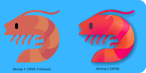 Two shrimp emojis. The one on the left is simplistic and desaturated. It says "Shrimp 1 (1928, Colorized)" underneath. The one on the right is more vibrant with shadows and highlights. Underneath is text that says "Shrimp 2 (2018)". This is on a light blue background