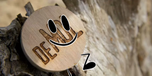 A picture of the joker sitting in a tree. It is a wooden token with the words "de Mol" written on it. It has a face, and it looks happy and relaxed.