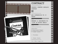 An example of a contract given to a The Computer player, with goals of creating a wanted Explain subpage, adding categories to 10 pages, and creating 10 redirects to List of minor seals. The primary objective has been completed, with progress made in the secondary objectives.