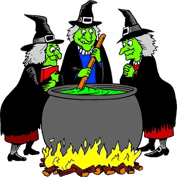 Three witches standing around a cauldron. The one in the middle is stirring the bubbling green liquid in the cauldron with what is either a really big spoon, or a really big stick.