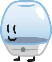 A smiling essential oil diffuser. They have an egg-like shape, with their top quadrant being a translucent plastic that is currently glowing blue while its bottom half is a solid gray plastic with a button in the middle. They have two legs and a hole at the top to diffuse out of.