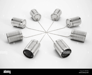 Eight tin cans with strings tied between.webp